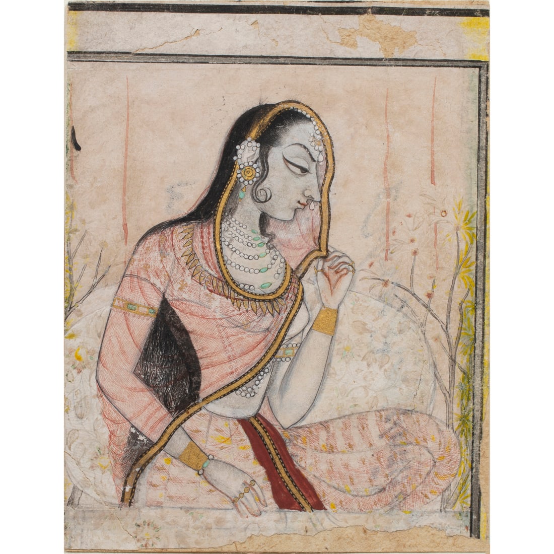 Two Indian paintings; Mughal watercolor of prince and a manuscript image of princess (1 of 6)