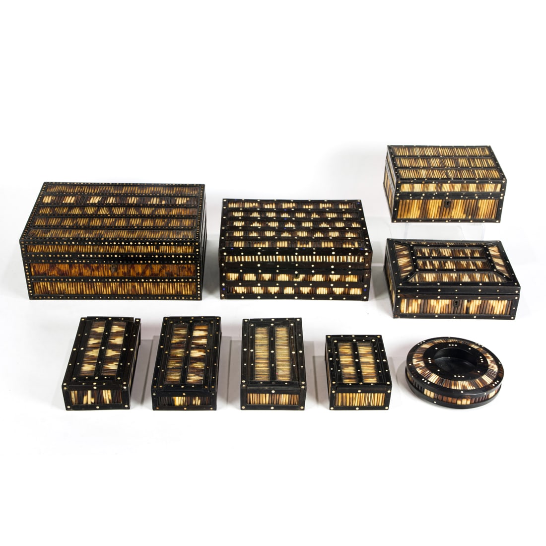 Nine Anglo-Indian quill and ebonized wood boxes of various shapes and sizes (1 of 4)