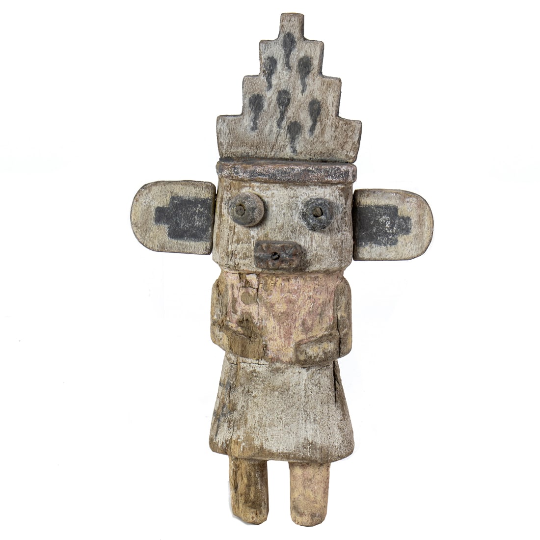 An early poly-wog Hopi kachina: An early poly-wog Hopi kachina, featuring a step tableta paint decorated with poly-wogs, the perpendicular ears displaying the old kiva style painting and wearing a kilt with traces of embroidery type