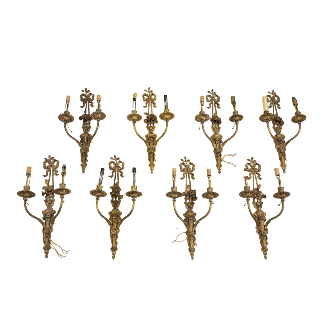 A set of eight Neoclassical style gilt bronze two-light bras de lumiere or wall sconces (1 of 2)