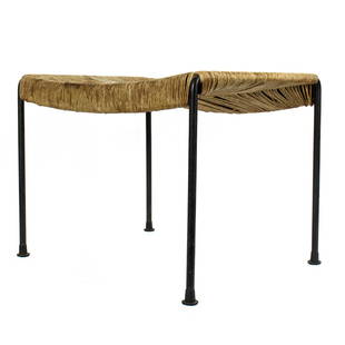 An Arthur Umanoff woven rush seat iron stool: An Arthur Umanoff woven rush seat iron stool, 14"h x 18"w x 14"d