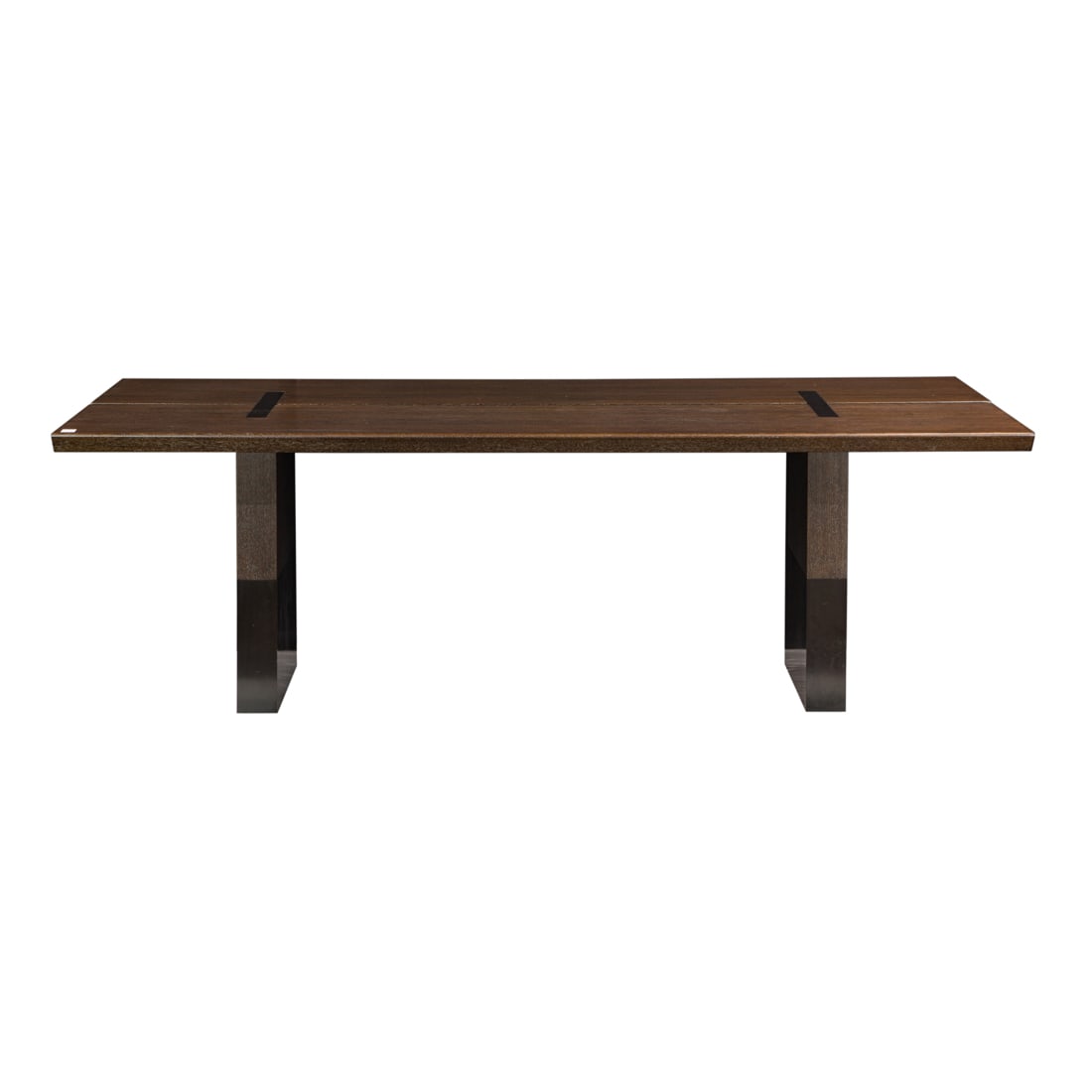 A Contemporary double-plank dining table: A Contemporary double-plank dining table, the block legs with patinated bronze caps, 30"h x 92"l x 42"w