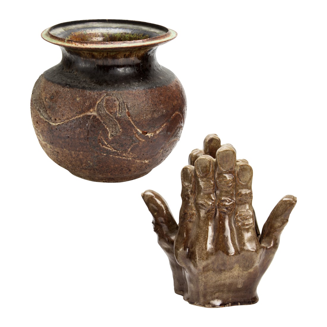 Two Lorelei Brede glazed and incised stoneware vessels (1 of 3)