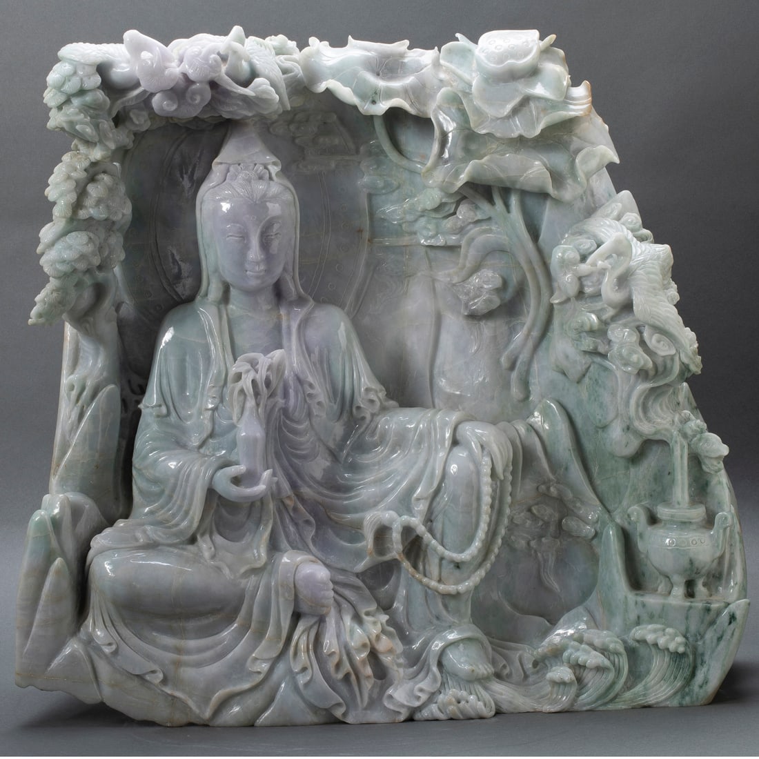 Large Chinese green and lavender jadeite carving (1 of 2)