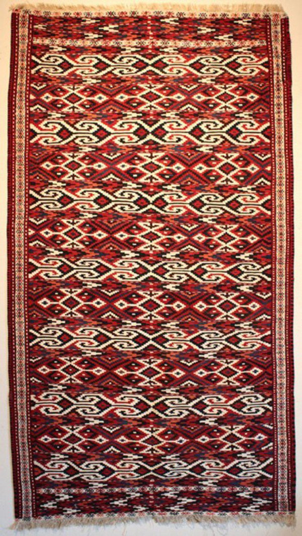 Yomut Ortman kilim: Yomut Ortman kilim; Turkmenistan; central Asia; late 19tj cent; 3ft 8in x 6ft 7in