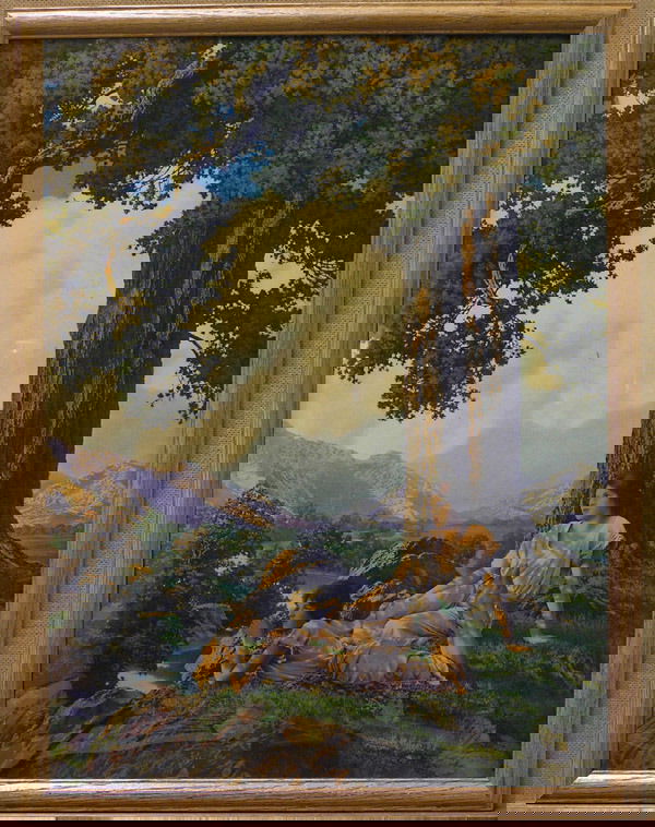 Vintage Maxfield Parrish Print: Framed vintage Maxfield Parrish print, "Hilltop" (1927), House of Art copyright lower right, image: 24"H x 18"W, frame: 26"H x 20"W