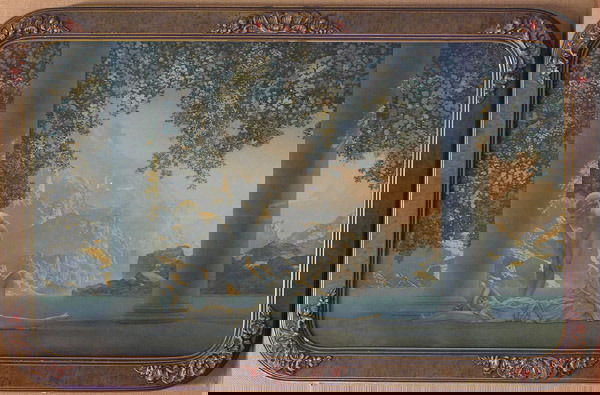 Vintage Maxfield Parrish Print: Framed vintage Maxfield Parrish print, "Daybreak" (1923), image: 18"H x 30"W, frame: 21"H x 33"W