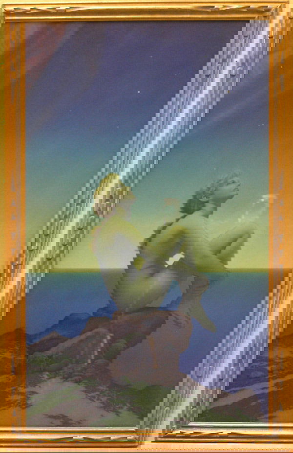 Vintage Maxfield Parrish Print: Framed vintage Maxfield Parrish print, "Stars" (1927), House of Art copyright lower left, image: 18"H x 30"W, frame: 33"H x 20"W