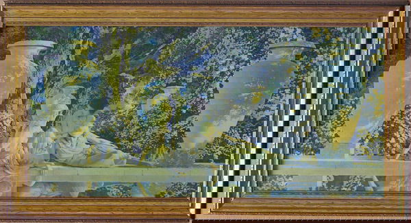 Vintage Maxfield Parrish Print: Framed vintage Maxfield Parrish print, "The Garden of Allah" (1918), image: 15"H x 30"W, frame: 18"H x 33"W