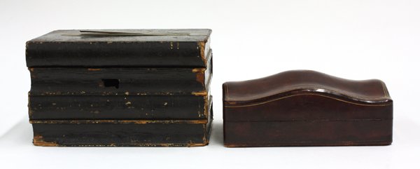 Leather covered box group: (lot of 2) Leather covered 19th century box group, one having a shaped top accented with embossed gild edge detail opening to a velvet lined interior 3''h x 8''w x 5''d, one modeled in the form of sta