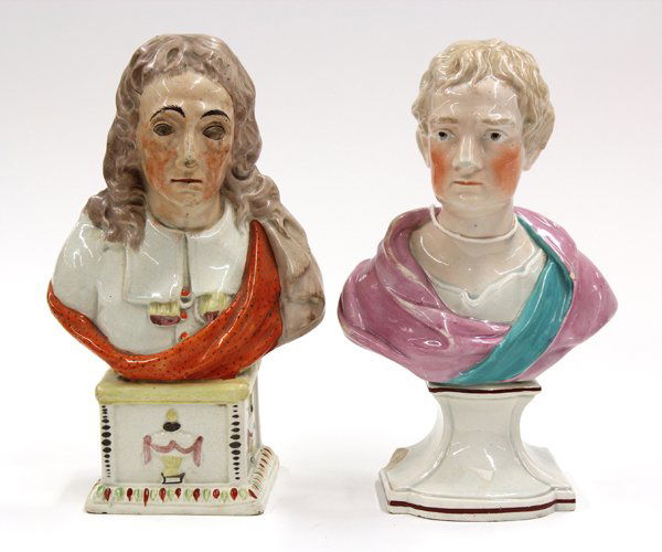 Staffordshire Busts: (Lot of 2) Staffordshire Busts of Men, 19th century, each glazed and polychrome decorated earthenware, one depicting Isaac Newton rising on a tapered plinth 9''h x 6''w, one depicting a nobleman risin