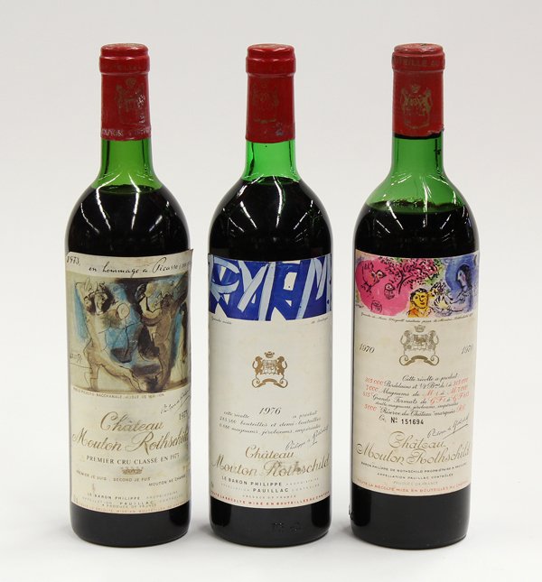 Chateau Mouton Rothschild: (lot of 3) Baron Philippe de Rothschild Chateau Mouton Rothschild, Pauillac, France, consisting of a 1970, having a Marc Chagall frieze, a 1973 with Picasso label Premier Grand Cru, and 1976 Soulages 