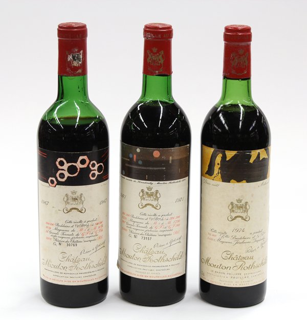 Chateau Mouton Rothschild: (lot of 3) Baron Philippe de Rothschild Chateau Mouton Rothschild, Pauillac, France, consisting of a 1967 having a Cisar label, a 1971 with Kandinsky label and a 1974 with Motherwell label, each 750ml