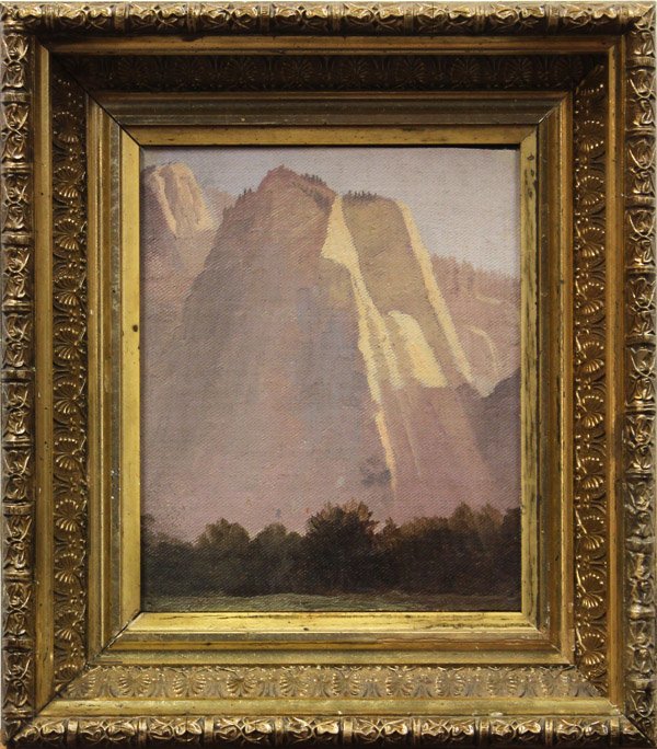 Painting, Edwin Deakin, Yosemite Valley: Framed oil on board, Yosemite Valley, by Edwin Deakin (California, 1838-1923), titled and attributed verso ''In Yosemite Valley. Study by Edwin Deakin - (About 1875),'' board: 8''h x 6.5''w, overall: 