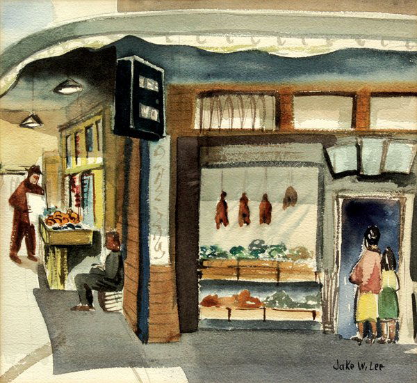 Painting, Jake Lee, Chinatown: Framed watercolor, Chinatown, by Jake Lee (Californian, 1915-1991), signed ''Jake W. Lee'' lower right, sight: 11''h x 12.25''h, overall: 20''h x 24''w