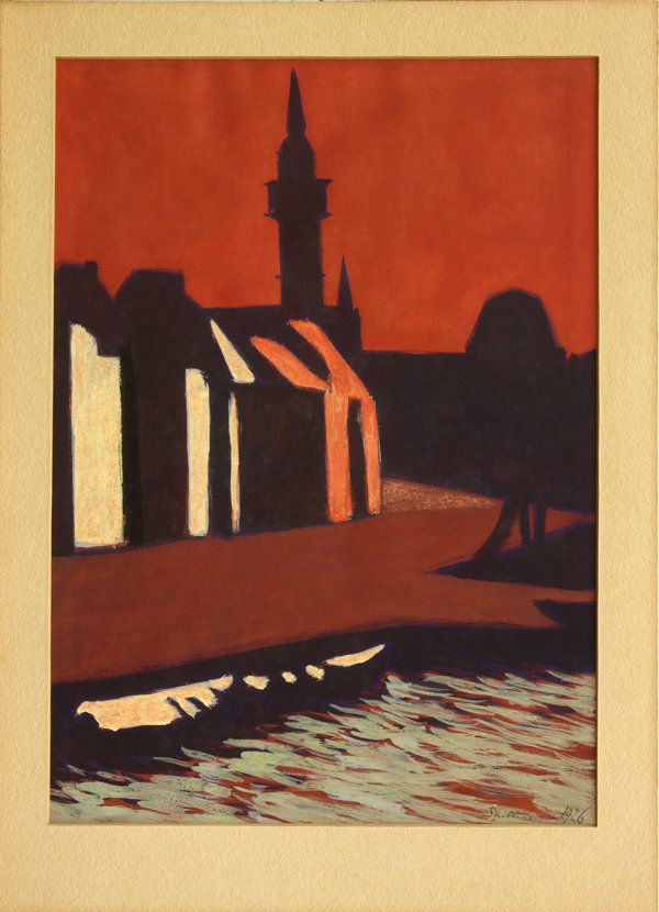 Painting, Leon Spilliaert, Port d'Ostende: Framed gouache and watercolor on paper, "Le port d'Ostende avec vue sur le Premier quai de Commerce et la Gare Maritime," 1926, by Leon Spilliaert (Belgian, 1881-1946), signed and dated "L. Spilliaert