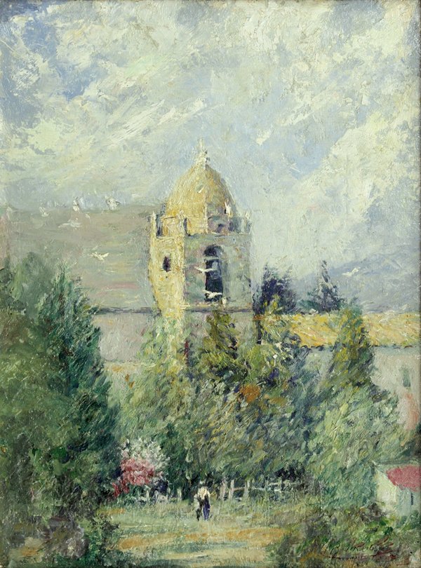 Painting, Hobart Jacobs, Carmel Mission: Framed oil on board, Carmel Mission, by Hobart Jacobs (American, 1851-1935), signed ''H.B. Jacobs'' lower right, board: 16.25''h x 12''w, overall: 24.5''h x 20.5''w