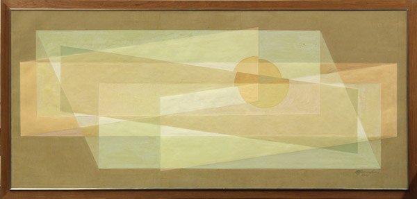 Painting, Ben Cunningham, Modern: Framed oil on canvas, Neutral Geometric Composition, 1953, by Ben Cunningham (Californian, 1904-1975), signed and dated ''Ben Cunningham, 1953'' lower right, canvas: 26''h x 58''w, overall: 30''h x 62