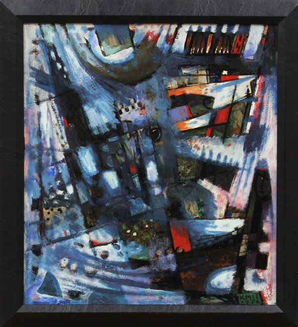 Painting, Michael Kmit, Parallelograms: Framed oil on board, ''Parallelograms,'' 1956, by Michael Kmit (Russian, 1910-1981), signed and dated ''Kmit 1956'' lower right, signed and titled verso, board: 17.75''h x 16''w, overall: 20.25''h x 1