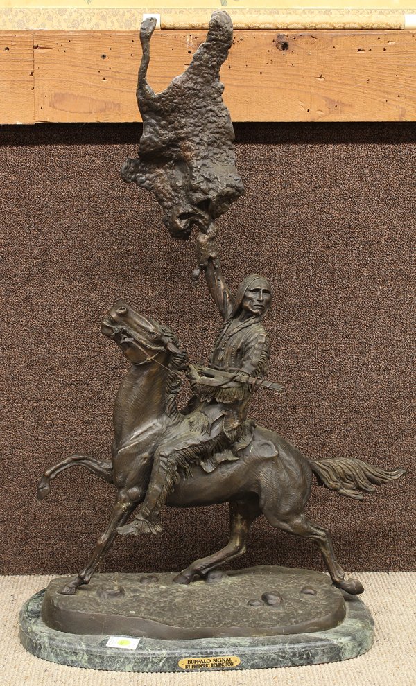 Bronze, after Frederic Remington, Buffalo: Bronze bronze, ''Buffalo Signature,'' after Frederic Remington (American, 1861-1909), bears signature lower right, title placard lower center base, overall: 36.5''h x 20.25''w x 11.75''d
