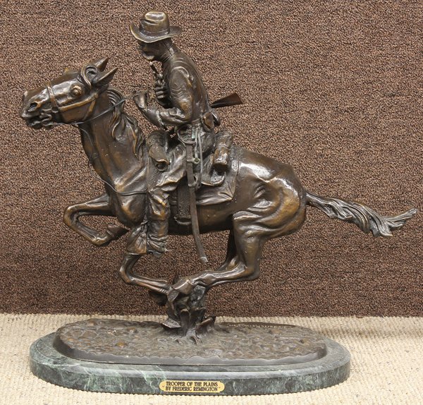 Bronze, after Frederic Remington, Trooper: Bronze sculpture, ''Trooper of the Plains,'' after Frederic Remington (American, 1861-1909), bears signature lower right back, title placard lower center base, overall: 19.75''h x 21''w x 7.75''d