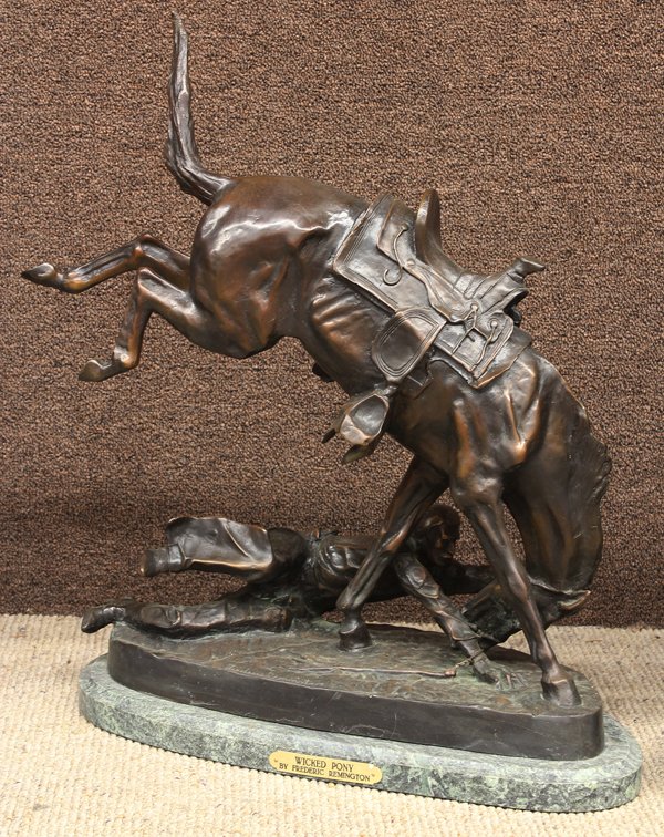 Bronze, after Frederic Remington, Wicked Pony: Bronze sculpture, ''Wicked Pony,'' after Frederic Remington (American, 1861-1909), bears signature lower center, title placard lower center base, overall: 22''h x 18.5''w x 8.5''d
