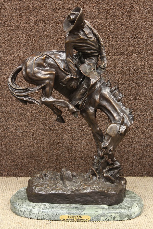 Bronze, after Frederic Remington, Outlaw: Bronze sculpture, ''Outlaw,'' after Frederic Remington (American, 1861-1909), bears signature lower right, title placard lower center base, overall: 24''h x 15.5''w x 9.75''d