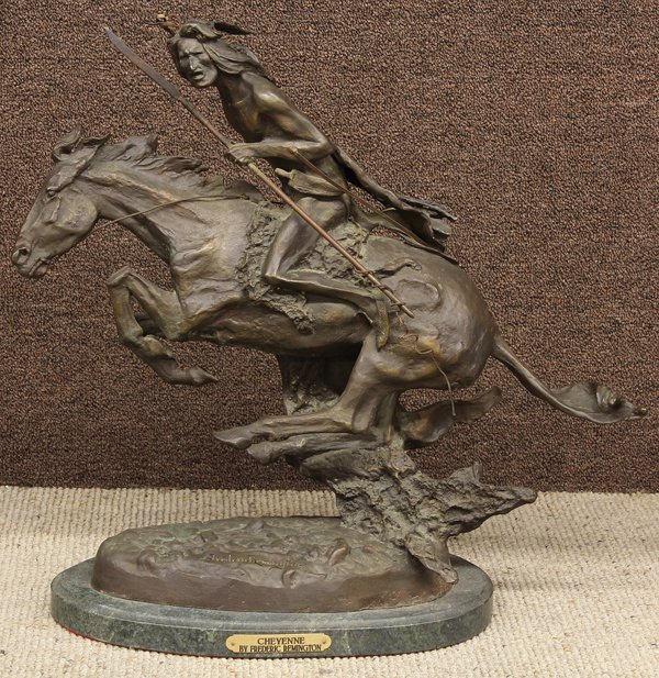 Bronze, after Frederic Remington, Cheyenne: Bronze sculpture, ''Cheyenne,'' after Frederic Remington (American, 1861-1909), bears signature lower center, title placard lower center base, overall: 20.5''h x 20.5''w x 7.75''d
