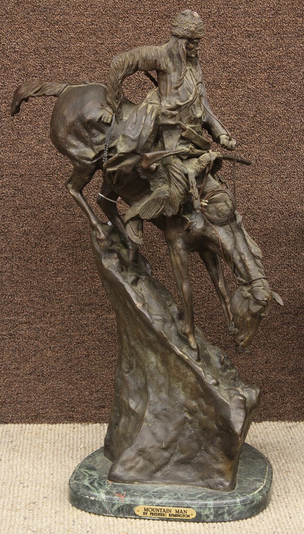 Bronze, after Frederic Remington, Mountain Man: Bronze sculpture, ''Mountain Man,'' after Frederic Remington (American, 1861-1909), bears signature center right, title placard lower center base, overall: 28.5''h x 11''w x 11.75''d