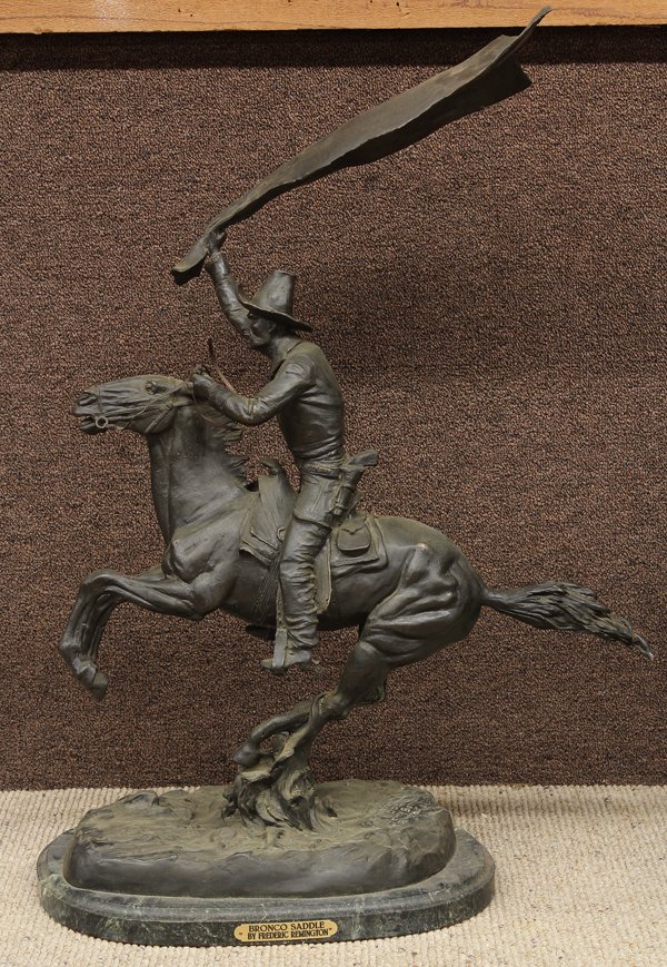Bronze, after Frederic Remington, Bronco Saddle: Bronze sculpture, ''Bronco Saddle,'' after Frederic Remington (American, 1861-1909), inscribed ''inspired by Frederic Remington 1888'' lower right, title placard lower center base, overall: 30.5''h x 