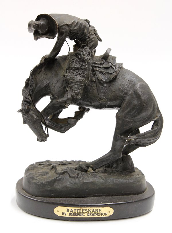 Bronze, after Frederic Remington, Rattlesnake: Bronze sculpture, ''Rattlesnake,'' after Frederic Remington (American, 1861-1909), bears signature lower right, title placard lower center base, overall: 12''h x 8.5''w x 6.25''d