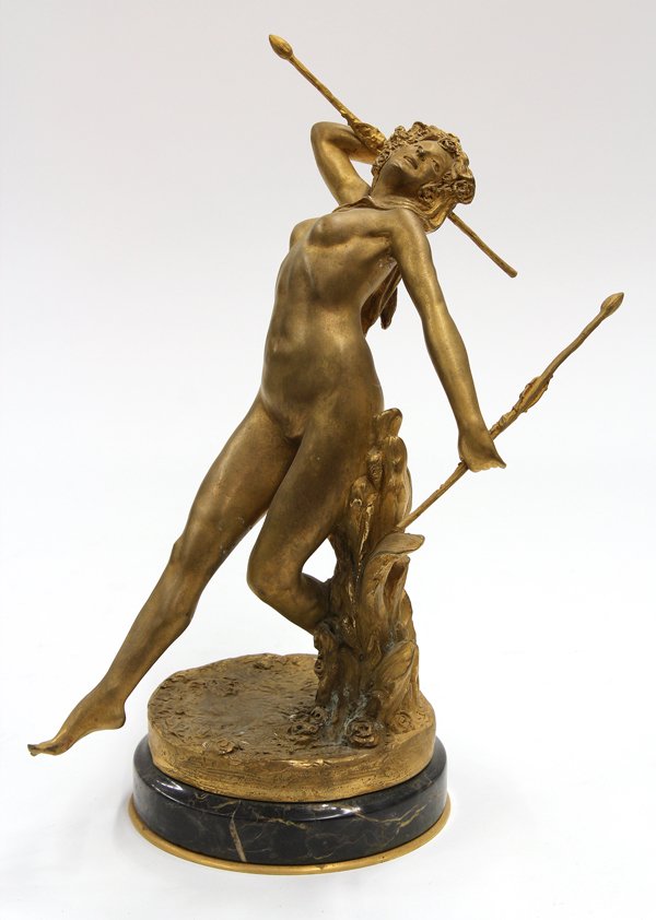 Art Nouveau Style Figural Sculpture: Art Nouveau style bronze figural sculpture, the nude maiden depicted bearing floral accented branches and set amidst a naturalistic scene, signed indistinctly E. Neuhauser, and rising on a variegated