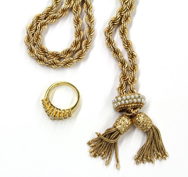 Yellow gold negligee' style necklace zerconia rin: One yellow gold (stamped ''14K'') Negligee' style solid rope link necklace, featuring (24) spherical drilled Saltwater natural pearls, measuring 2.0-2.5mm, with pineapple drop tassel ends, solid rope 