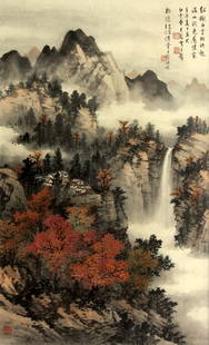 Chinese Painting, Huang Junbi (attr), Autumn Land: Framed Chinese painting, ink and color on paper, Autumn Landscape, attributed to Huang Junbi (Chinese, 1898-1991), the upper right with a seven character couplet, dated cyclical year renwu summer (cor