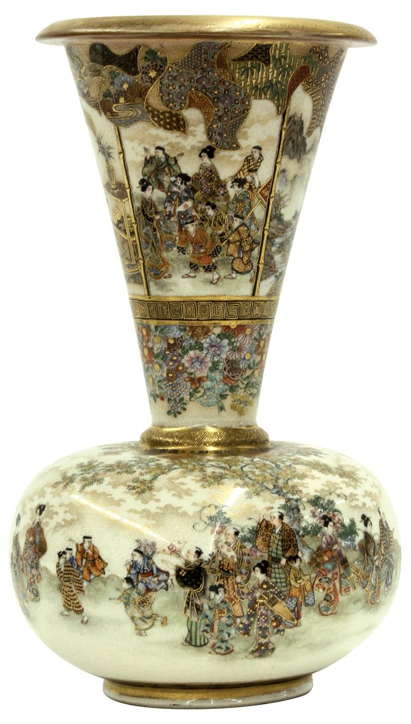 Japanese Satsuma-Style Vase, Ryozan, Meiji: Japanese Satsuma-style beaker vase, Meiji period, the compressed globular body meticulously painted in gilt and brightly colored enamels, with a continuous scene of figures in a flowering landscape be