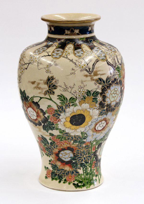 Japanese Satsuma Earthenware Vase, Chikusai: Japanese Satsuma earthenware ovoid vase with moriage accents, Meiji/Taisho period, painted in gilt and bright overglaze enamels with lush flowering peonies below a wavy brocade band simulating a cloth