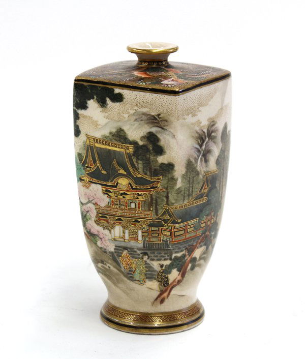 Japanese Satsuma Vase, Ryokuzan, Meiji/Taisho: Japanese small Satsuma earthenware vase, Meiji/Taisho period, of square section with a high shoulder and tapering to a pedestal foot, well painted with a spring landscape featuring figures visiting th
