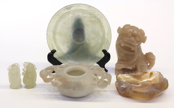 Group of Chinese Decorative Stone Items: (Lot of 6)Selection of Chinese decorative stone carvings, first a brush washer of compressed form accented with fruiting branches; along with two small figural carvings; one tan colored soapstone fu-l