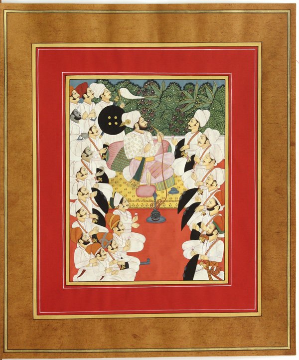 Indian Miniature, 20th Century, Figures: Indian miniature, ink and color on paper, 20th century, depicting an audience scene with the subjects surrounding the seated ruler, overall: 13.75''h x 11.6''w Provenance: Unaccessioned items from Hon