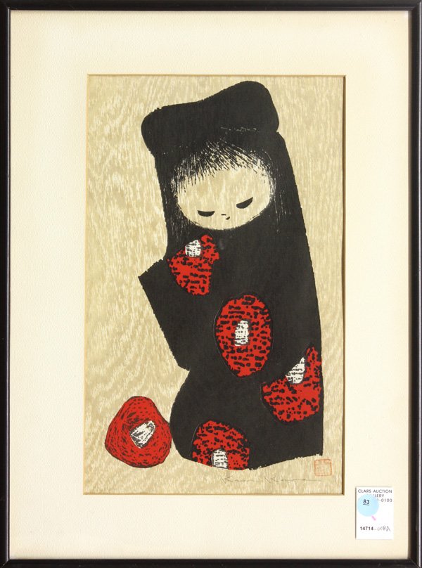 Japanese Modern Print, Kawano Kaoru: Framed Japanese modern color print (sosaku hanga), depicting a girl with red 'fruit', signed in pencil Kaoru Kawano (1916-1965), with one seal, sight: 14.25''h x 8.75''w, overall: 19.25''h x 14.25''w