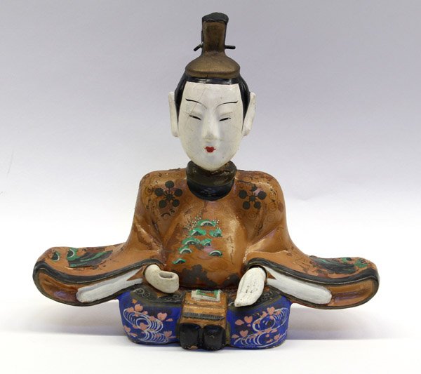 Japanese Papier Mache Figure, Meiji/Taisho: Japanese papier mache figure, Meiji/Taisho period, fashioned as a courtier seated in brocade-patterned robes and wearing a traditional court hat, the white gofun face with delicately painted features,