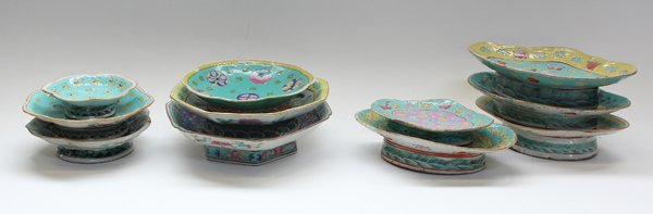 Group of Chinese Turquoise Ground Footed Dishes: (Lot of 11) Chinese porcelain turquoise grounded footed dishes, late Qing/Republic period, bearing patterns such as flowers, birds, gold fish, bats and auspicious items, largest: 8.5''w