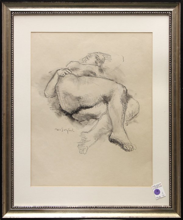 Drawing, Moses Soyer: Framed charcoal drawing, Reclining Nude, by Moses Soyer (American, 1899-1974), signed ''M. Soyer'' left center, overall: 27''h x 22.5''w. Provenance: Estate of Rebecca and Seymour Fromer (founder of t