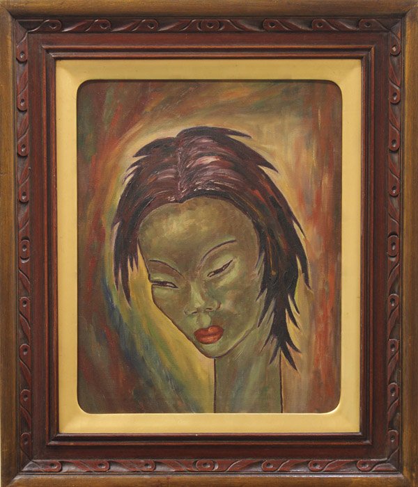 Painting, manner of Angel Botello: Framed oil on canvas, ''Portrait of a Woman,'' in the manner of Angel Botello (Spanish, 1913-1986), bears signature verso, overall: 28.25''h x 24.25''w