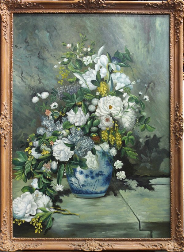 Painting, Floral Still Life: Framed oil on canvas, Floral Still Life, Continental School (20th century), unsigned, overall: 45.5''h x 33.5''w