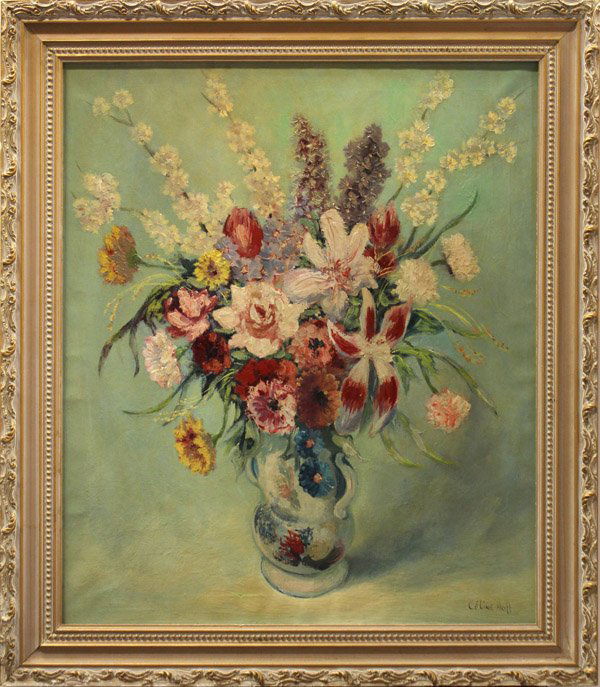 Painting, Celine Hoff: Framed oil on canvas, Floral Bouquet, by Celine Hoff (American, 20th century), signed ''Celine Hoff'' lower right, overall: 33.75''h x 29.5''