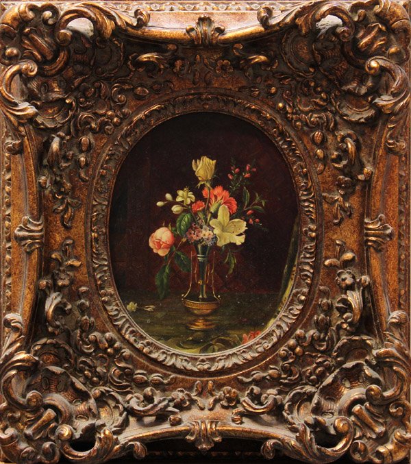 Painting, Floral Bouquet: Framed oil on panel, Floral Bouquet, Continental School (19th century), unsigned, overall: 18.25''h x 16.5''h
