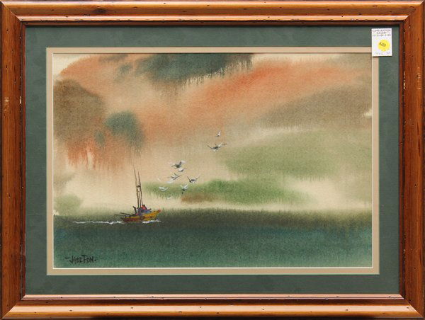 Watercolor, Jade Fon, Boat on the Bay: Framed watercolor, Boat on the Bay, by Jade Fon Woo (Californian, 1911-1983), signed ''Jade Fon'' lower left, overall: 20.75''h x 27.75''w