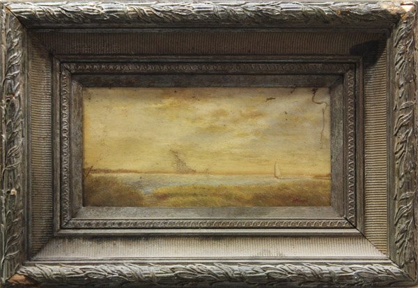 Paintings, Continental, Ships: (lot of 2) Framed oils on canvas, Ships at Sea and Anchored Sailboat, Continental School, early 20th century, signed ''Howze'' and ''Strual'' lower right, overall: 18''h x 25''w each