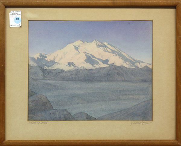 Painting, possibly Fred Machetanz, Denali: Framed watercolor, ''Sunrise in Denali,'' possibly by Fred Machetanz (American, 1908-2002), pencil signed ''F. Machetanz'' lower right, pencil signed and titled upon mat, overall: 16''h x 20''w